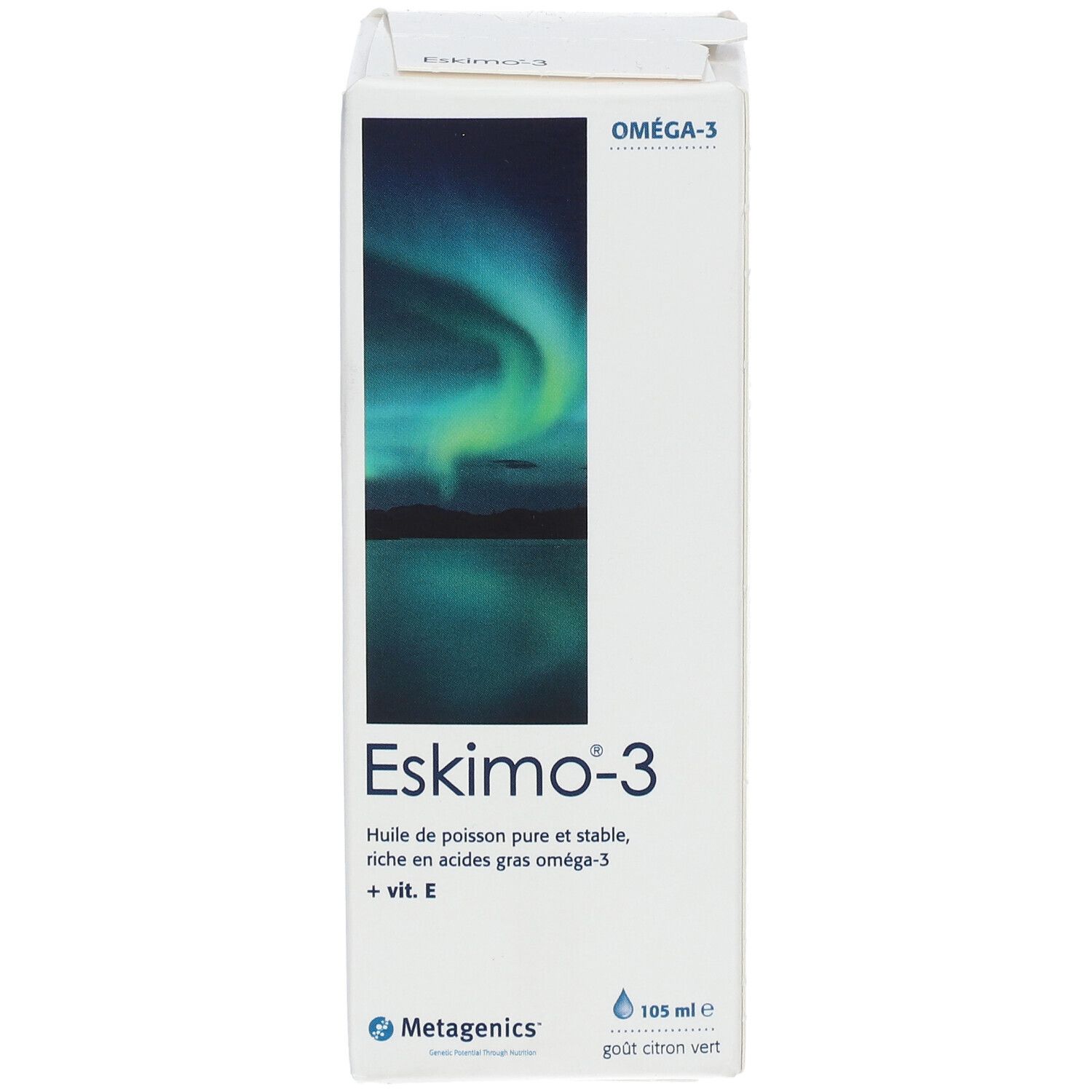 Boîte Eskimo-3. Contient des acides gras oméga-3 et de la vitamine E. Logo Metagenics. 105 ml.