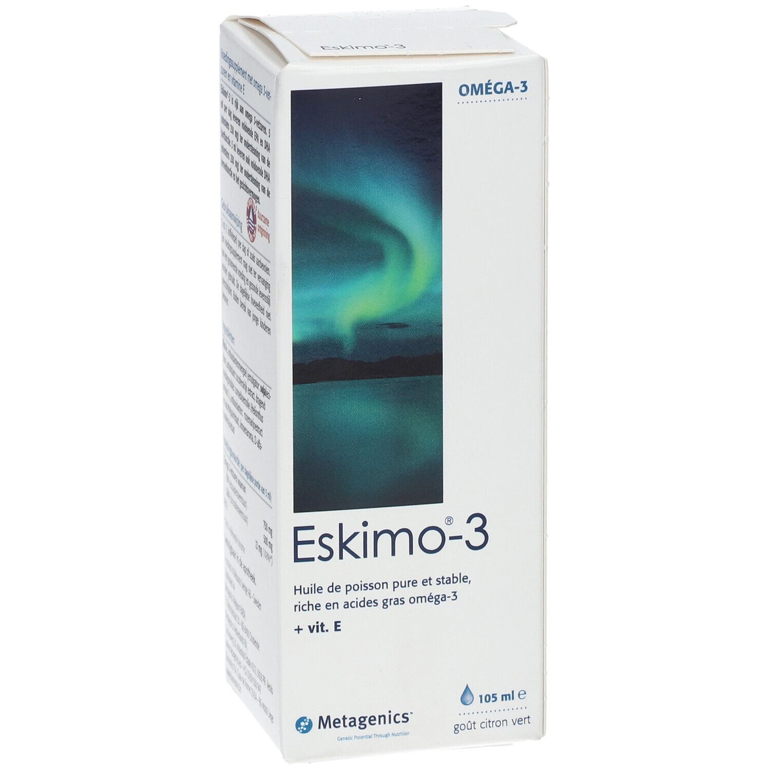 Boîte Eskimo-3. Contient des acides gras oméga-3 et de la vitamine E. Logo Metagenics. 105 ml.