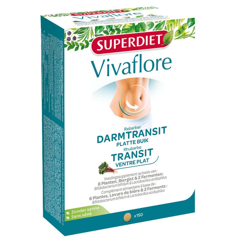 Verpakking van Vivaflore. Bevat 150 tabletten. Opschrift: Darmtransit, Rabarber, Ventre Plat. Merk: Superdiet.