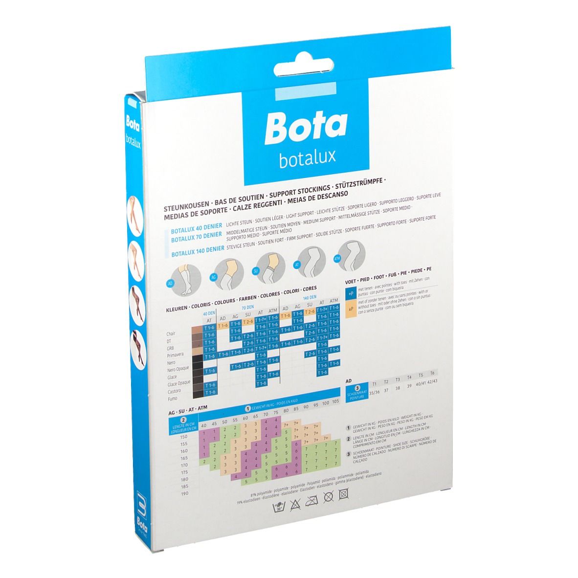 Dos de l'emballage des bas de contention Bota botalux. Tableau des tailles, informations produit, logos.