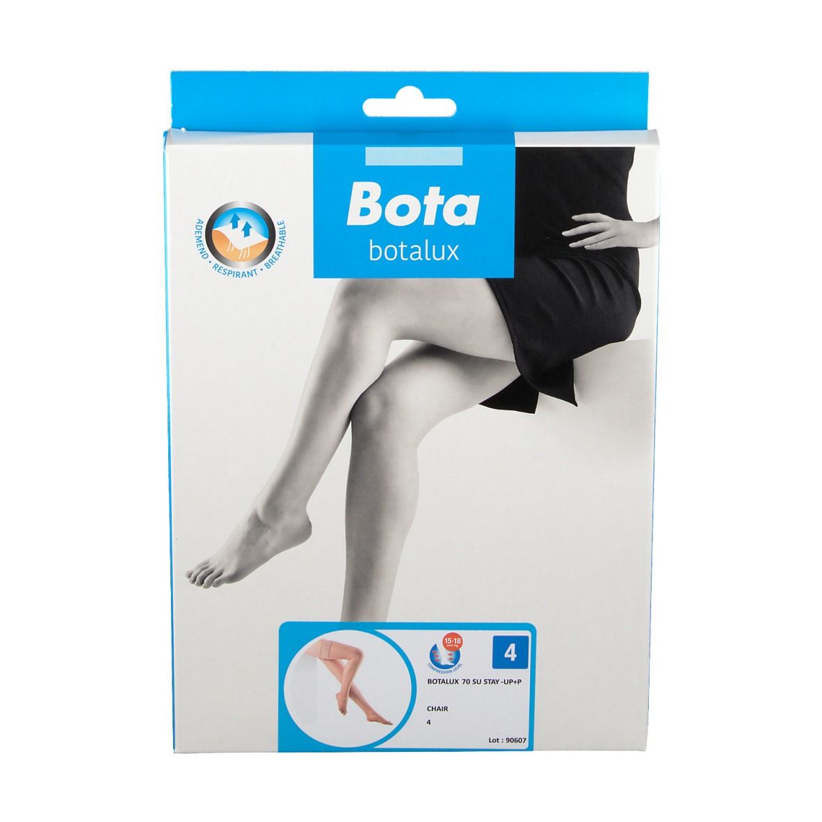 Emballage de bas de contention Bota botalux. Impression: jambe avec bas, taille 4, couleur. Logo.