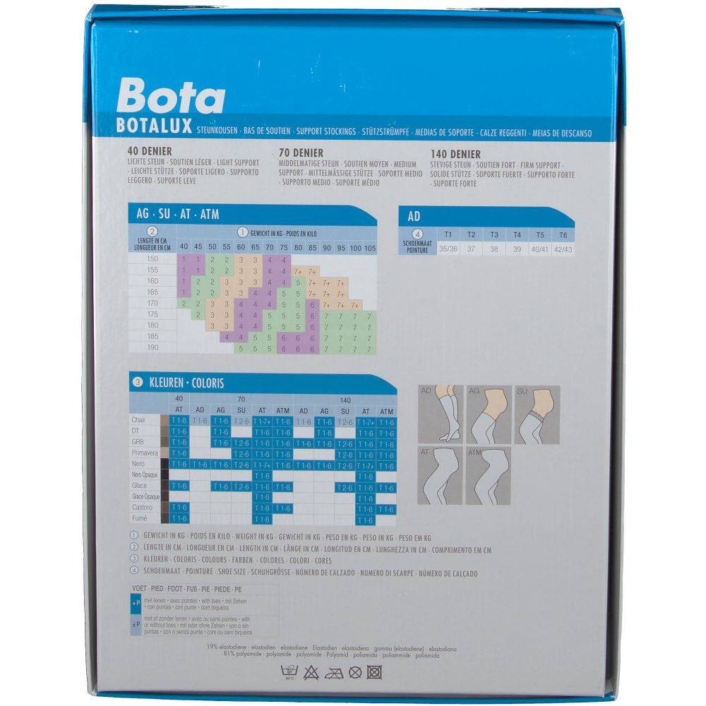Dos de l'emballage des bas Bota Botalux. Tableau des tailles et informations produit.