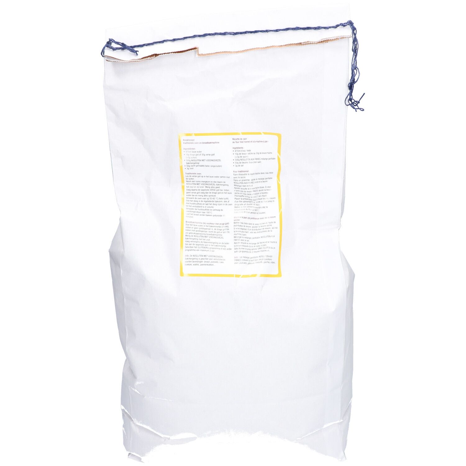 Sac blanc, dos. Étiquette jaune avec texte et informations nutritionnelles. Cordon bleu pour fermer.