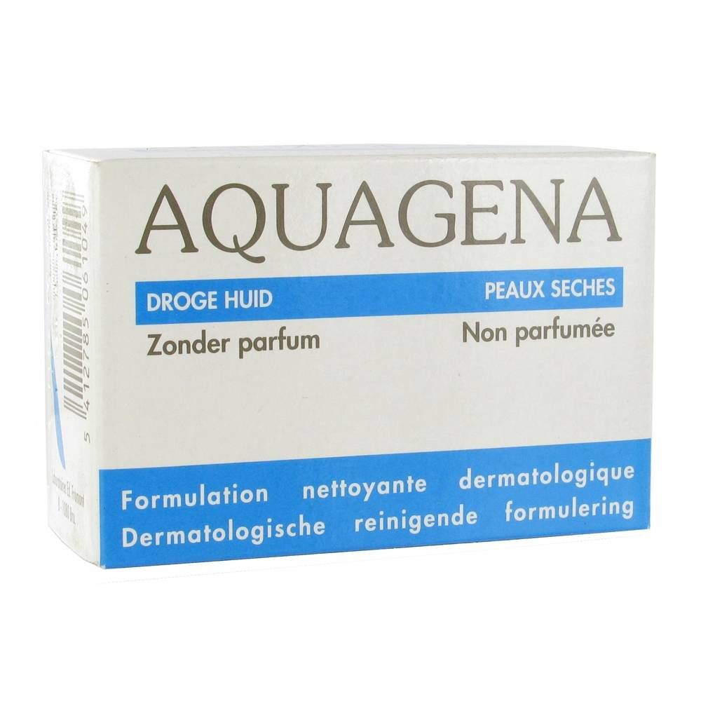 Boîte blanche AQUAGENA. Texte: DROGE HUID, PEAUX SECHES, Zonder parfum, Non parfumée. Bande bleue avec texte.