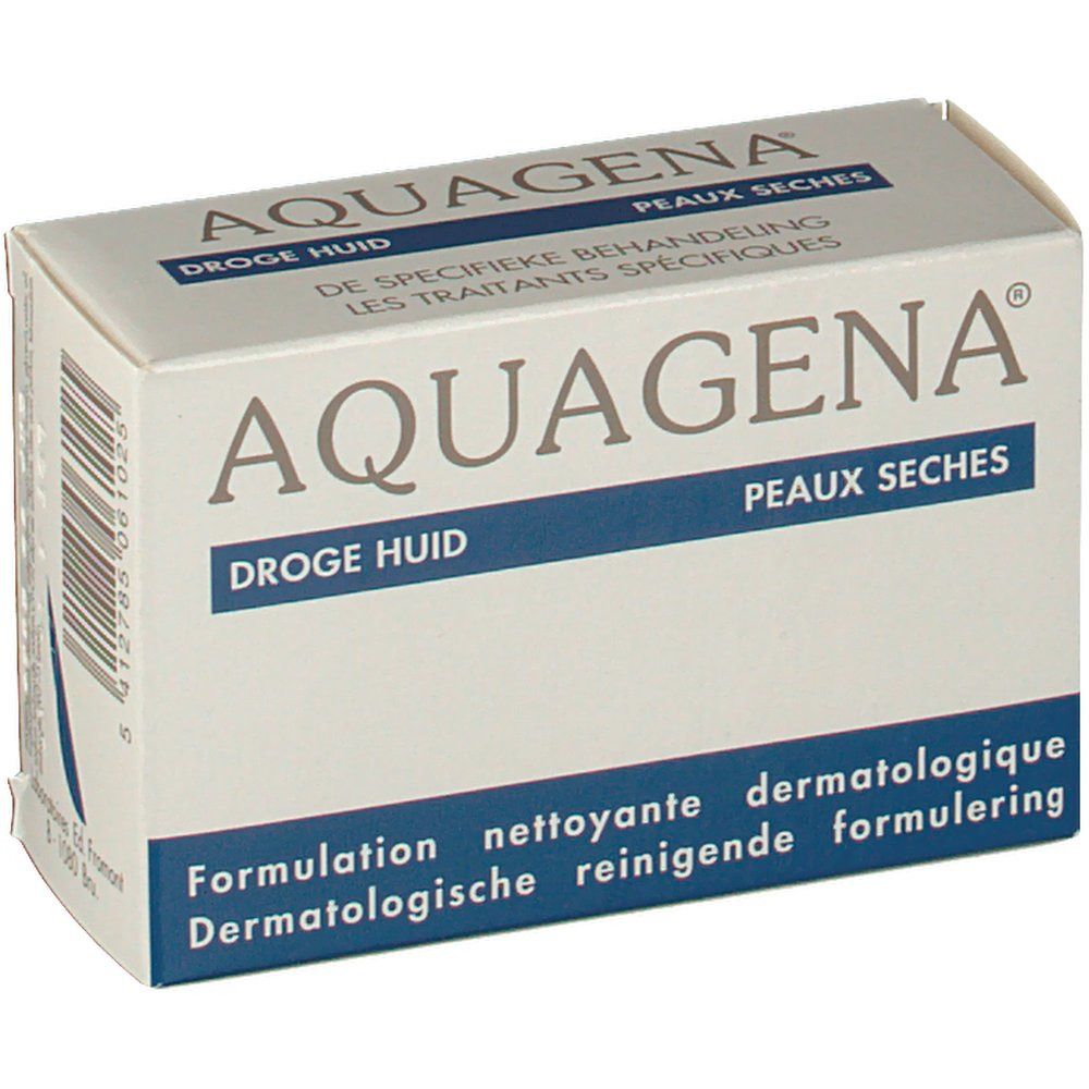 Verpakking van Aquagena Savon peaux sèches. Witte doos met blauwe tekst. Productnaam en informatie op de voorkant.