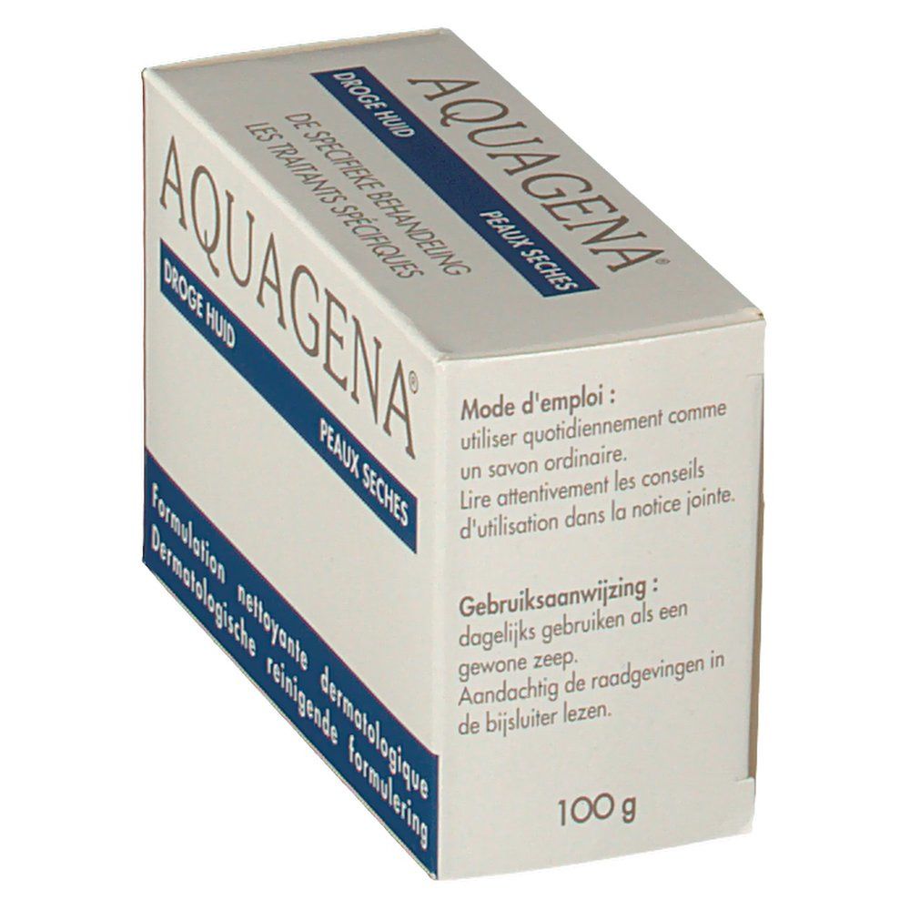 Verpakking van Aquagena Savon peaux sèches. Witte doos met blauwe tekst. Gebruiksaanwijzing en productnaam zichtbaar.