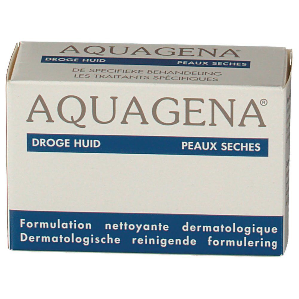 Vooraanzicht van de verpakking van Aquagena Savon peaux sèches. Witte doos met blauwe tekst. Productnaam en indicaties.