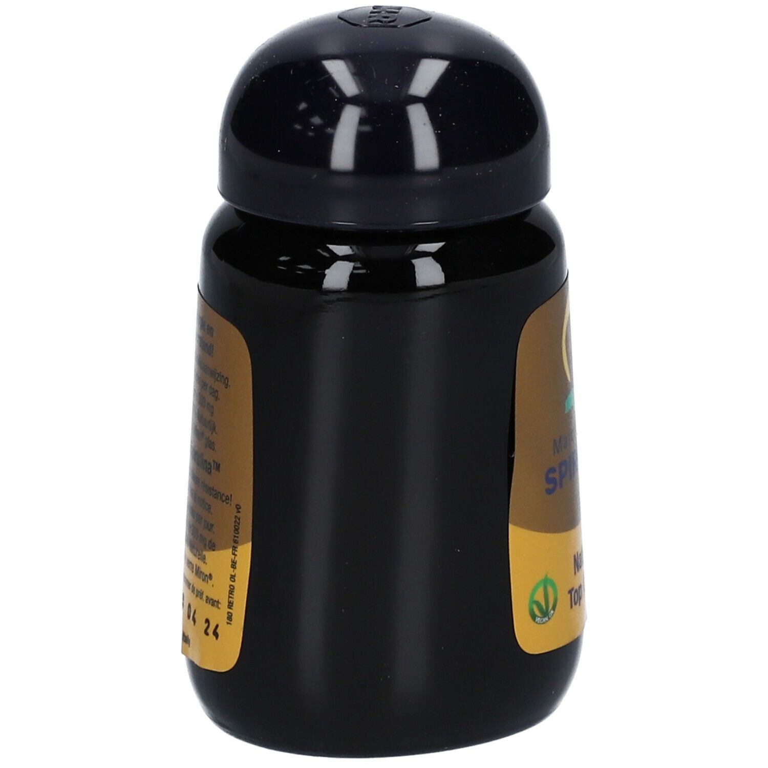 Flacon noir avec étiquette dorée. Inscription: Marcus Rohrer Spirulina, Nature's Top Quality.
