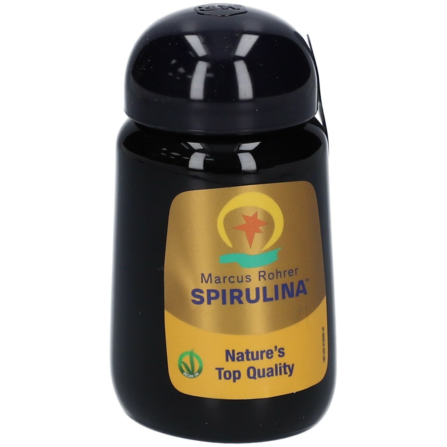 Flacon noir avec étiquette dorée. Inscription: Marcus Rohrer Spirulina, Nature's Top Quality.