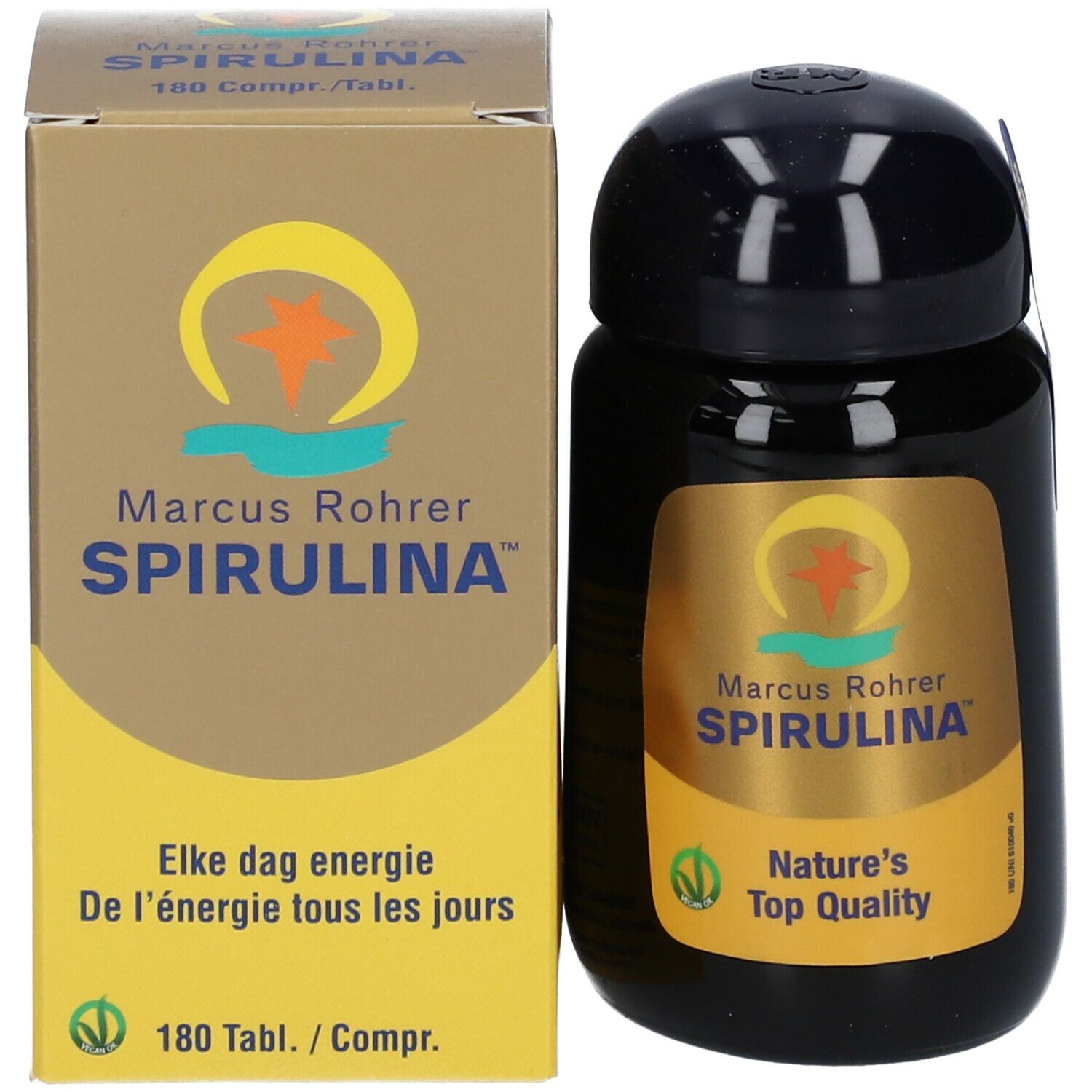Emballage du produit avec flacon et boîte. Inscription: Marcus Rohrer Spirulina, 180 comprimés.