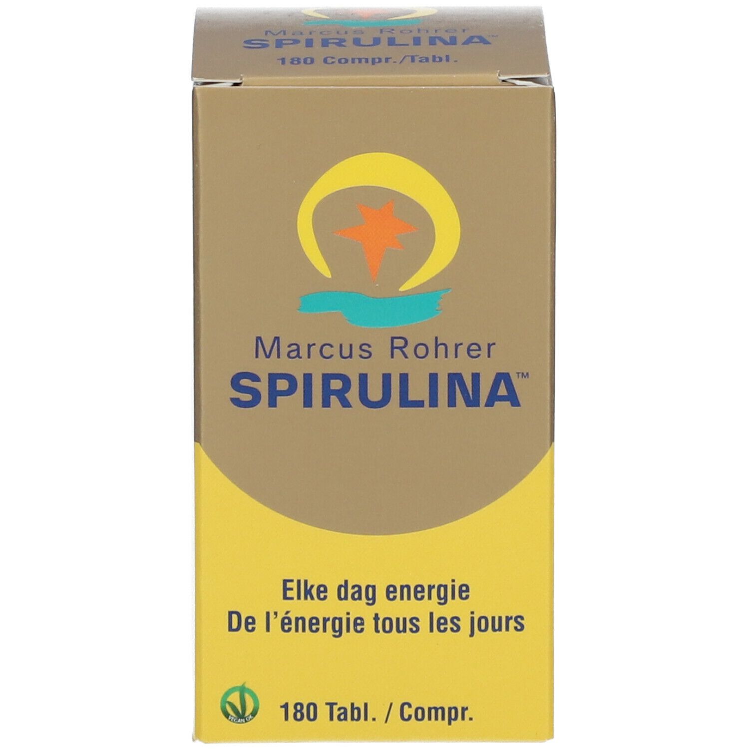 Emballage du produit, boîte. Inscription: Marcus Rohrer Spirulina, 180 comprimés.