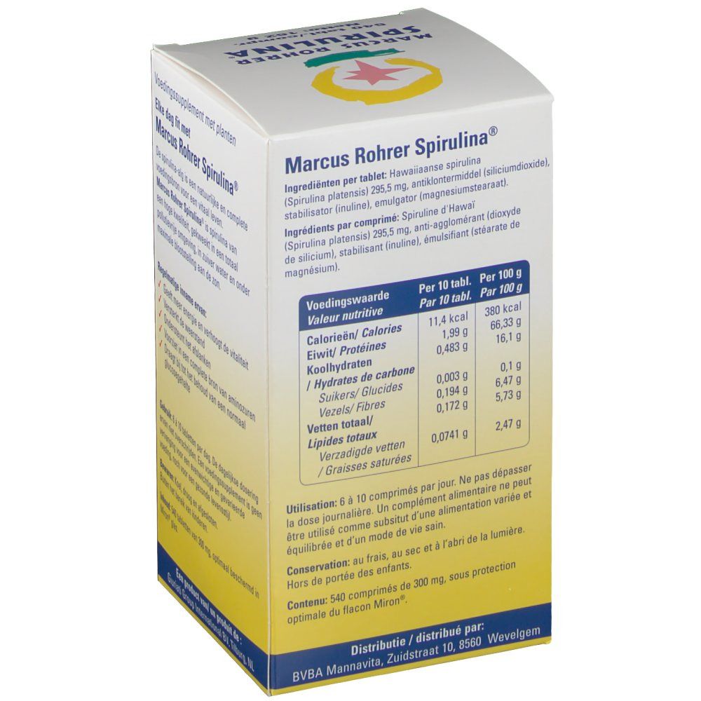Kartonverpackung von Marcus Rohrer Spirulina®. Enthält Nährwertangaben und Produktinformationen.