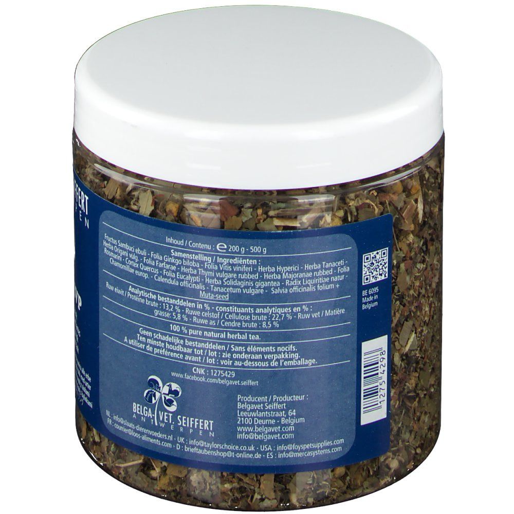 Dos du pot d'herbes. Couvercle blanc. Étiquette bleue avec ingrédients et informations nutritionnelles. Texte: 100% herbes naturelles.