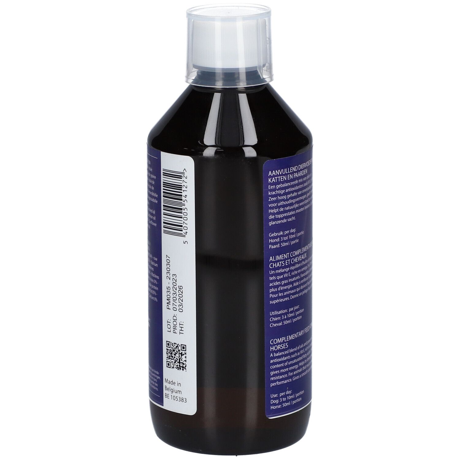 Dos de la bouteille marron avec étiquette bleue. Texte en plusieurs langues. Avec bouchon blanc. Code QR et numéro de lot.
