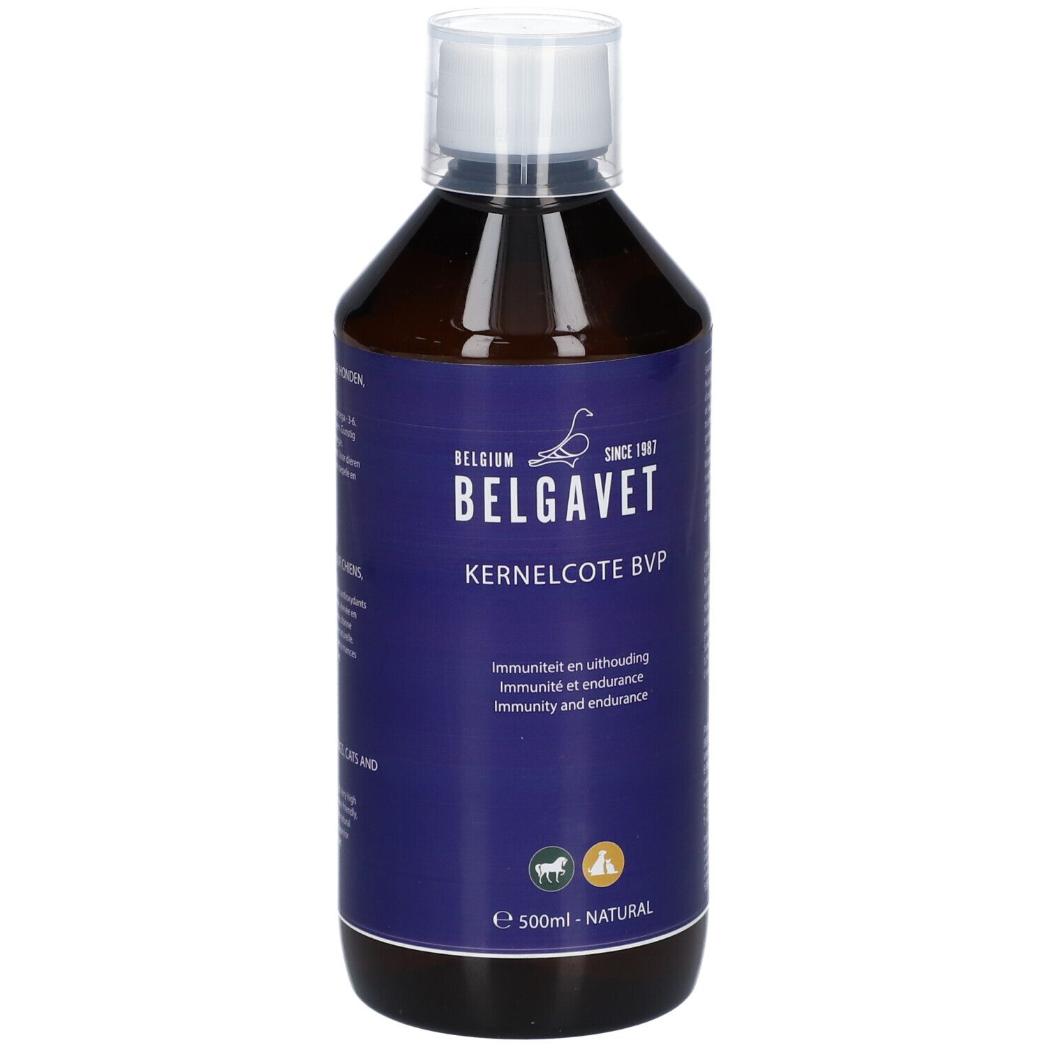 Bouteille marron avec étiquette bleue. Inscription : BELGAVET, Kernelcote BVP. 500ml - NATURAL. Avec bouchon blanc.