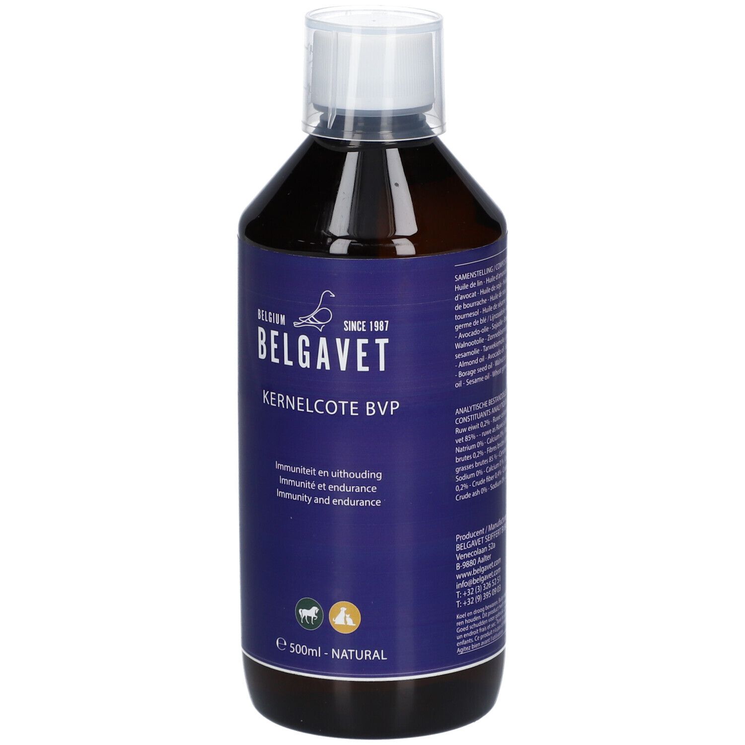 Bouteille marron avec étiquette bleue. Inscription : BELGAVET, Kernelcote BVP. 500ml - NATURAL. Avec bouchon blanc.