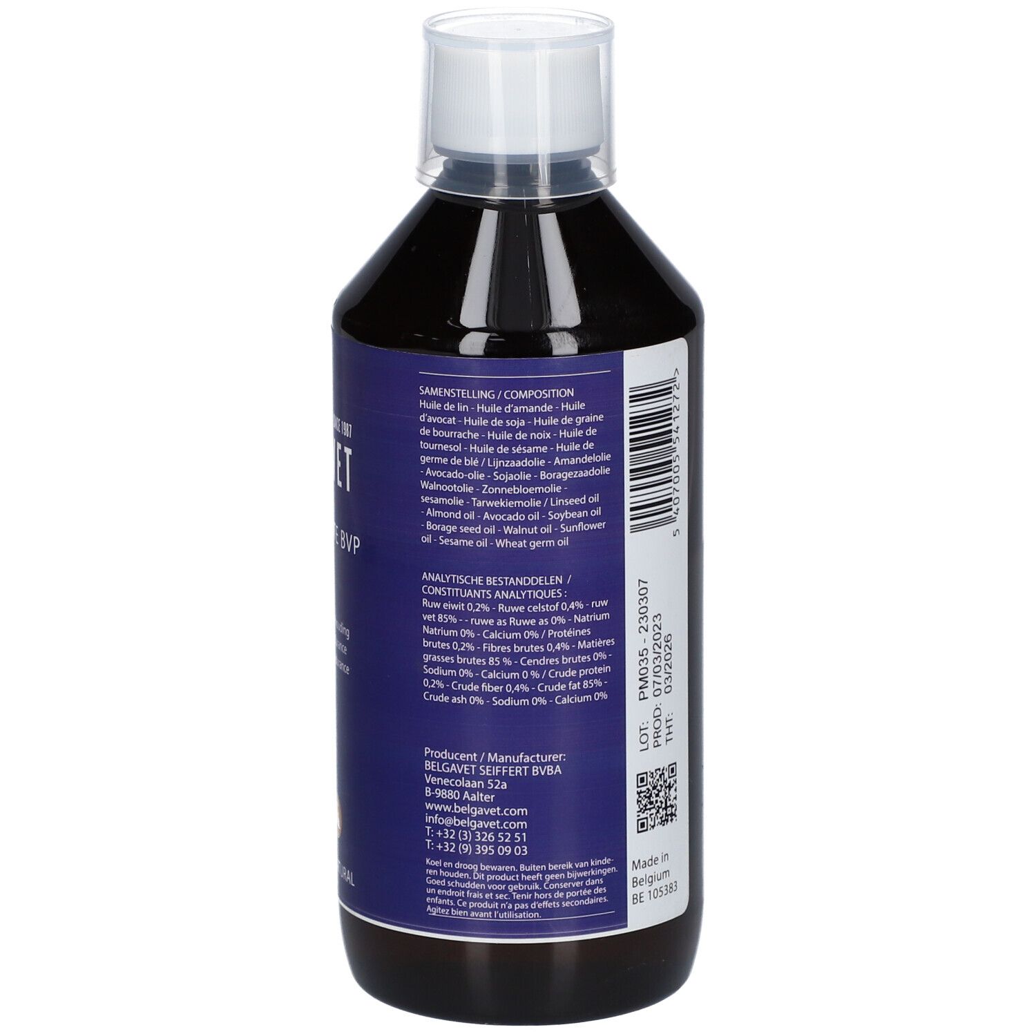 Dos de la bouteille marron avec étiquette bleue. Texte en plusieurs langues. Avec bouchon blanc. Ingrédients et informations fabricant.