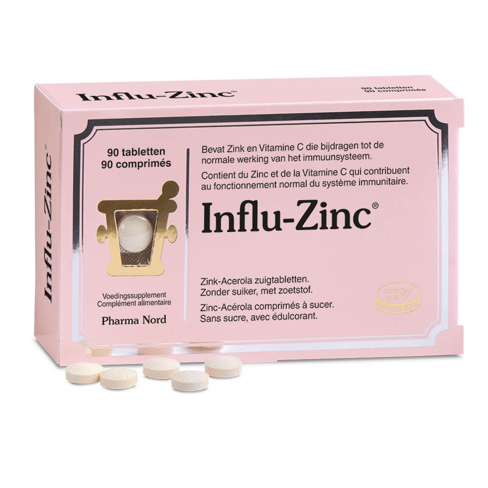 Boîte rose 'Influ-Zinc', 90 comprimés. Marque Pharma Nord. Comprimés à côté.