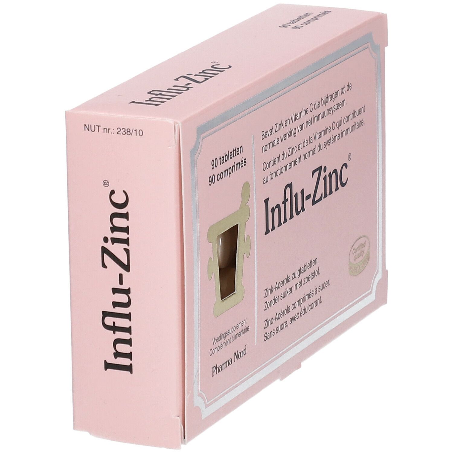 Boîte rose 'Influ-Zinc', 90 comprimés. Marque Pharma Nord. Ouverte, comprimés visibles.