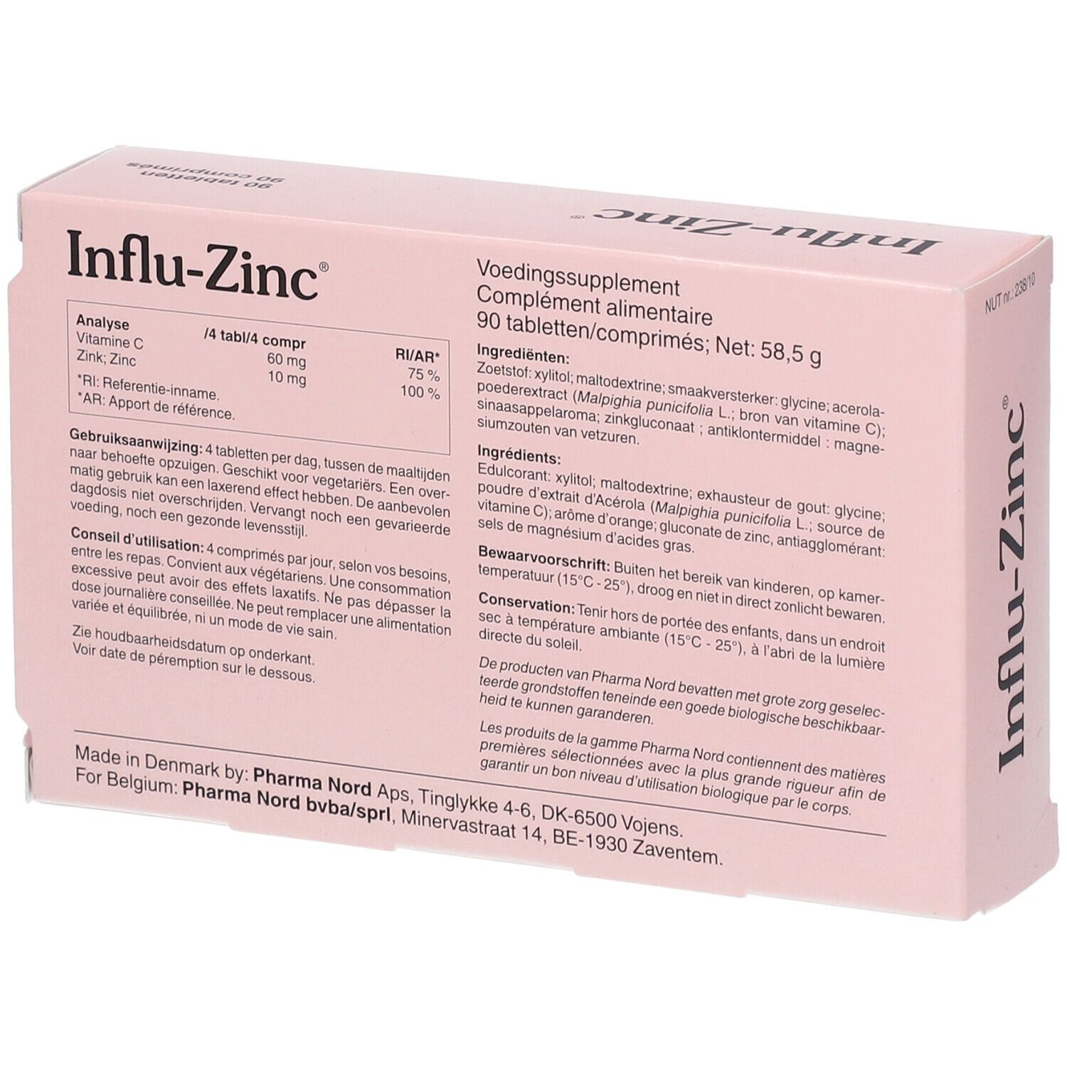 Dos de la boîte 'Influ-Zinc'. Informations sur les ingrédients et l'utilisation.