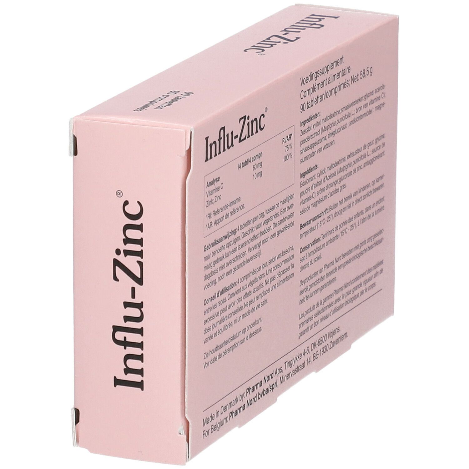 Vue latérale de la boîte 'Influ-Zinc'. Informations sur les ingrédients et l'utilisation.