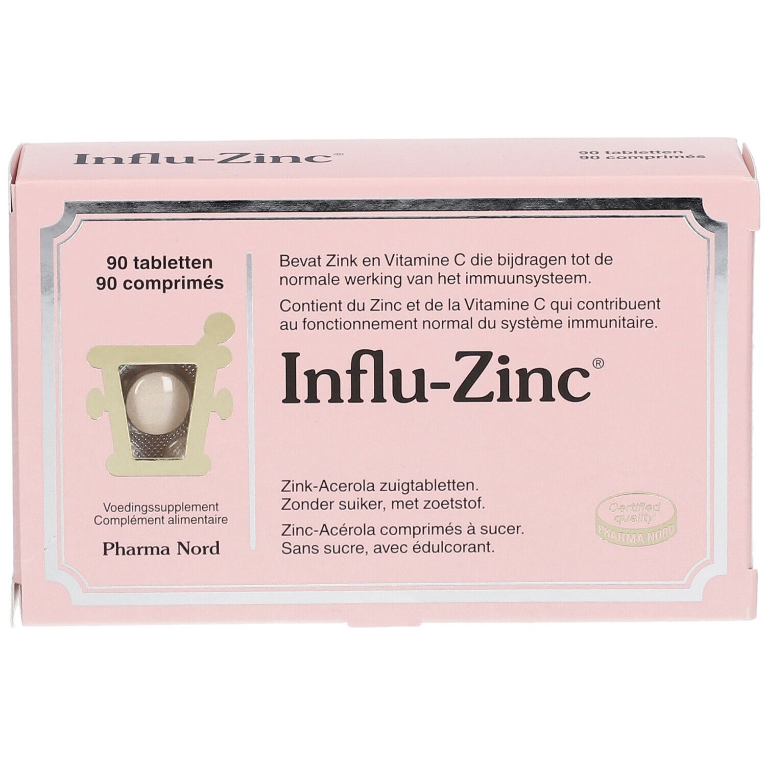 Boîte rose 'Influ-Zinc', 90 comprimés. Marque Pharma Nord. Logo de certification.