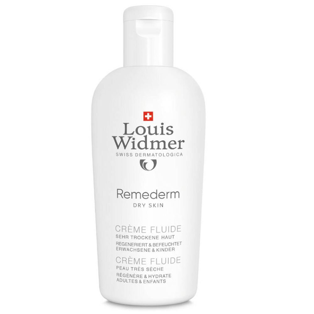Witte fles met klapdeksel. Opschrift: Louis Widmer, Remederm Crème Fluide. Tekst in het Duits en Frans.