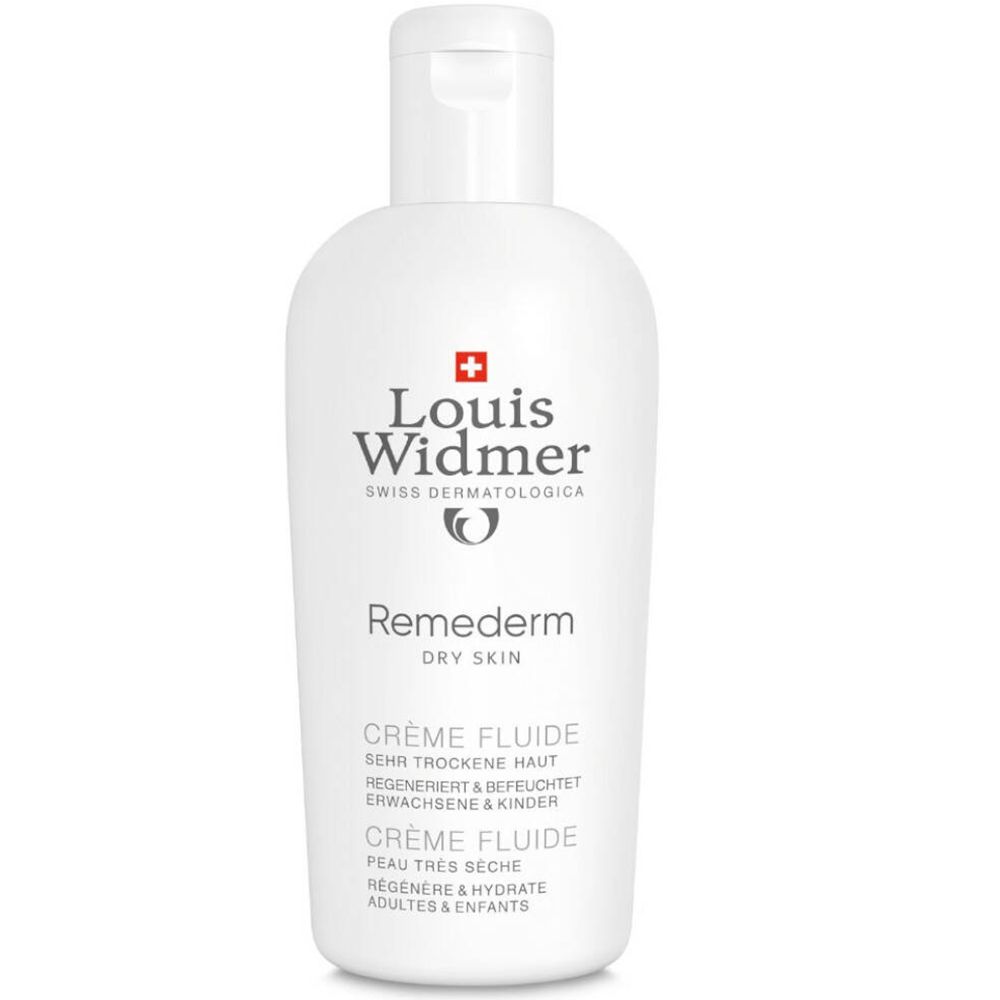 Witte fles Louis Widmer Remederm Crème Fluide. Tekst: Zeer droge huid, Crème Fluide, Volwassenen & kinderen.