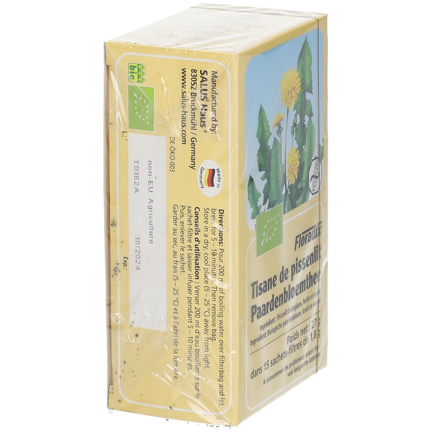 Dos de la boîte de tisane de pissenlit Floradix®. Informations sur le fabricant, les ingrédients, la préparation. Label bio. Emballé dans du film plastique.