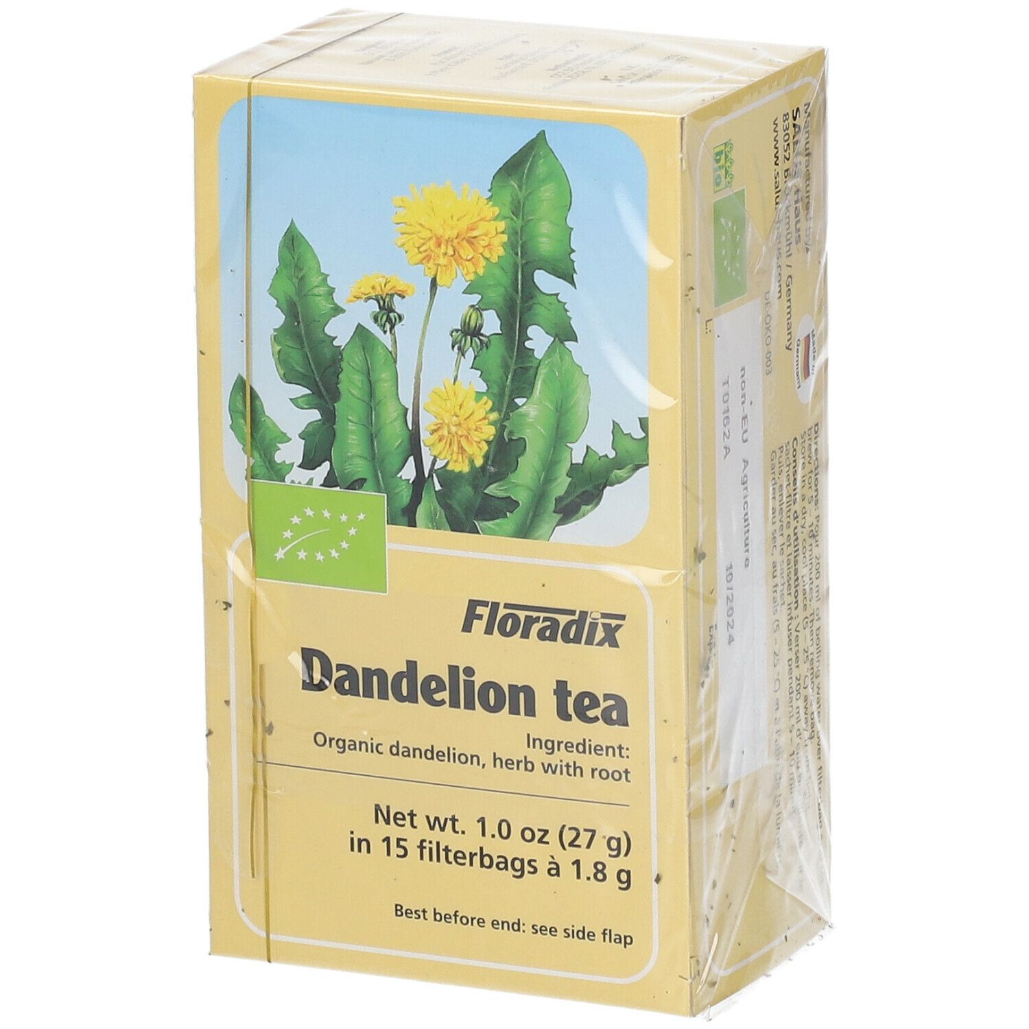 Boîte de thé au pissenlit Floradix®. Inscription : Dandelion tea. Label bio. 15 sachets-filtres. Illustration de pissenlit.