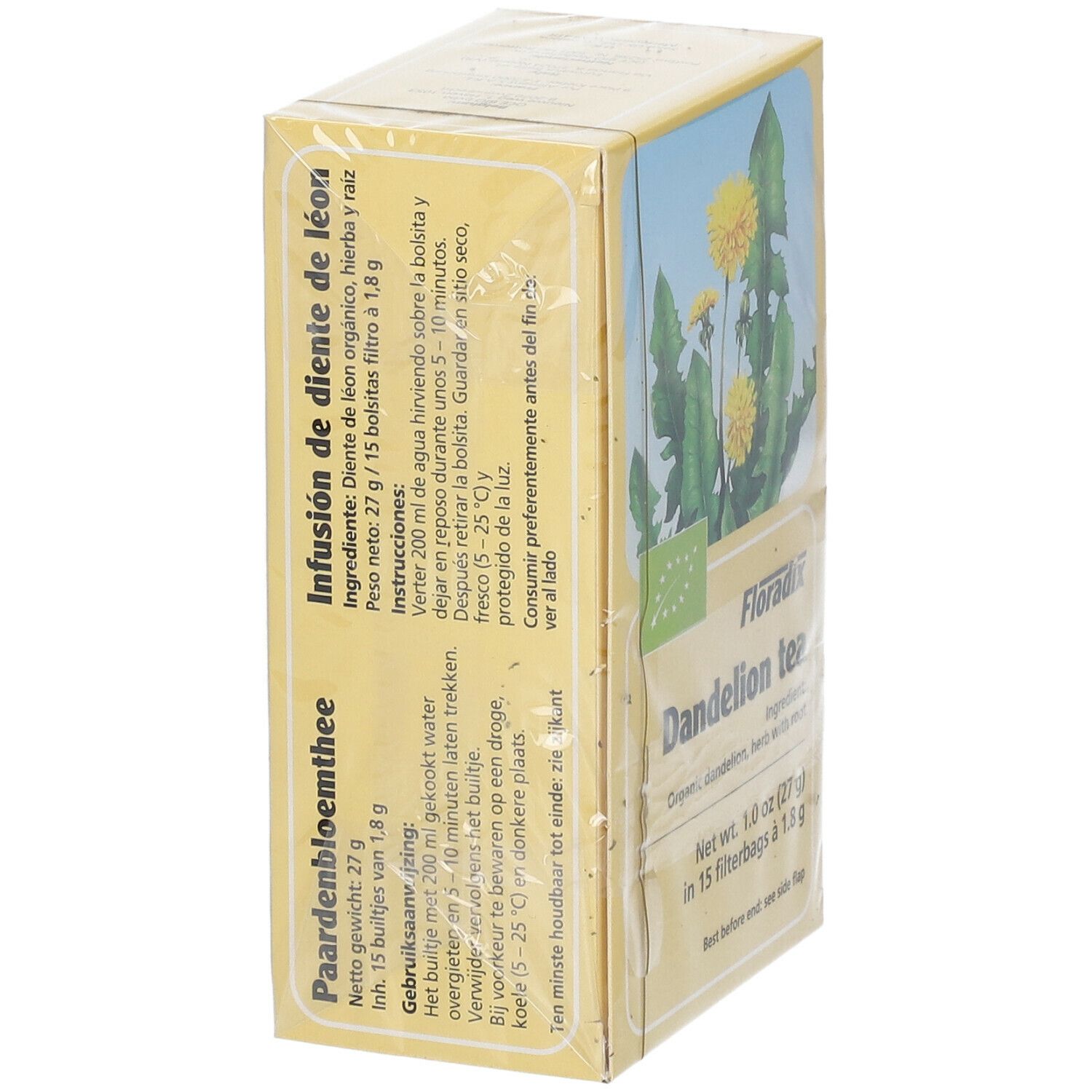 Dos de la boîte de thé au pissenlit Floradix®. Inscriptions sur les ingrédients, la préparation. Label bio. Emballé dans du film plastique.