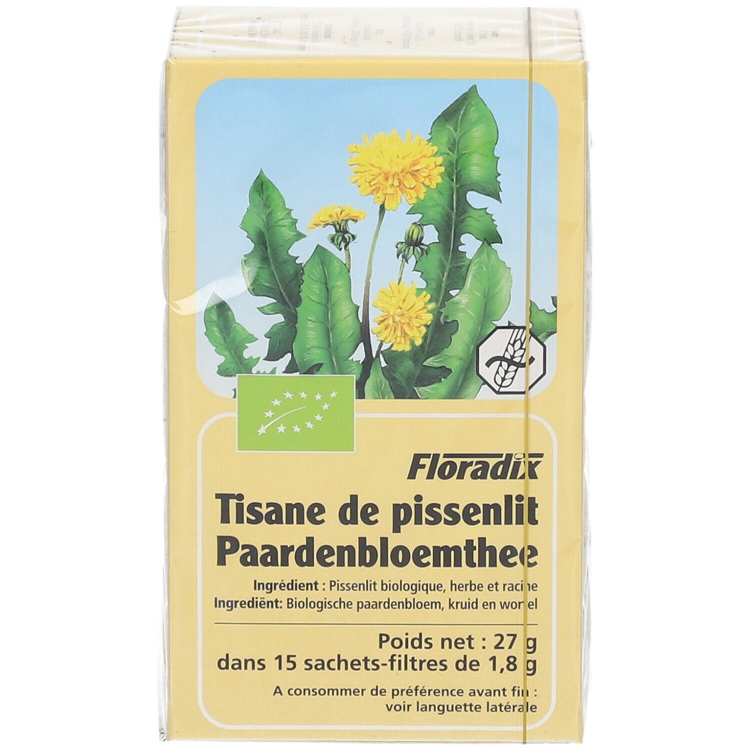 Boîte de tisane de pissenlit Floradix®. Inscription : Tisane de pissenlit, Paardenbloemthee. Label bio. 15 sachets-filtres. Illustration de pissenlit.