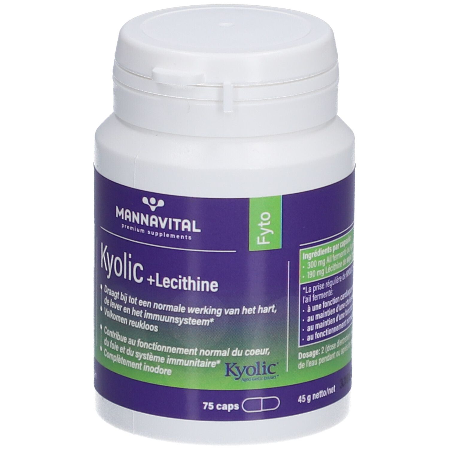 Flacon blanc avec étiquette violette. Inscription: Mannavital Kyolic + Lecithine. 75 capsules. Bordure verte.