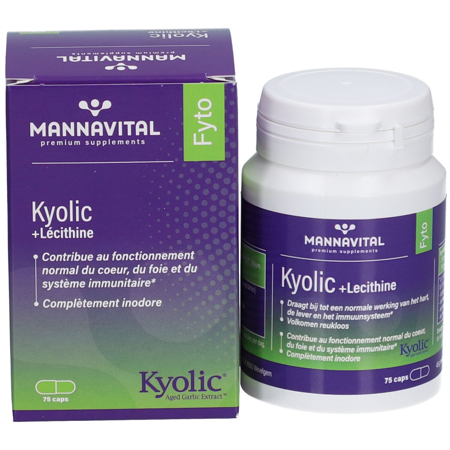 Emballage du produit avec flacon et boîte. Inscription: Mannavital Kyolic + Lecithine. 75 capsules.