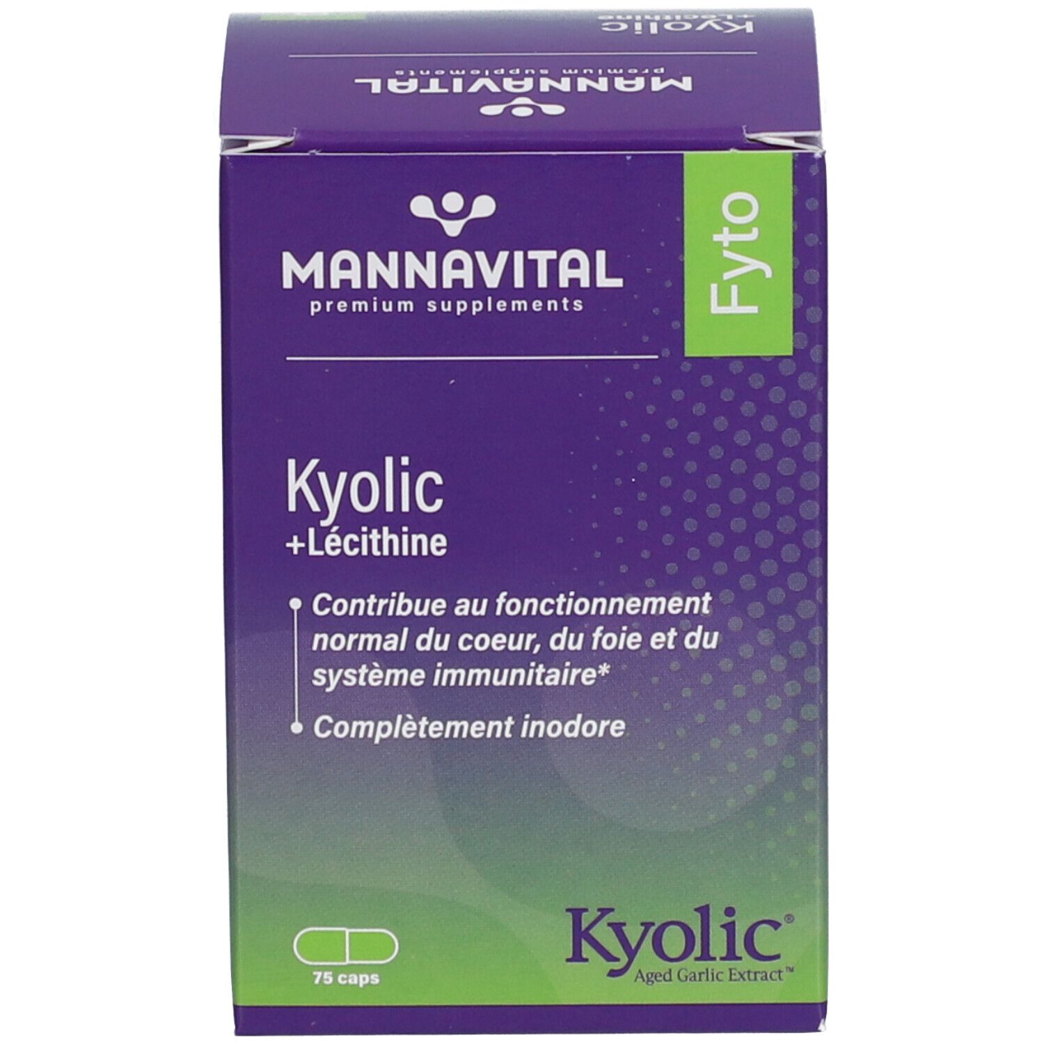 Emballage du produit. Inscription: Mannavital Kyolic + Lecithine. 75 capsules. Violet et vert.