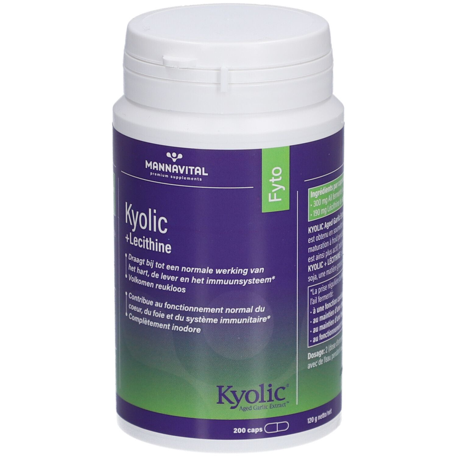 Flacon blanc avec étiquette violette. Inscription: Mannavital Kyolic + Lecithine. 200 capsules.