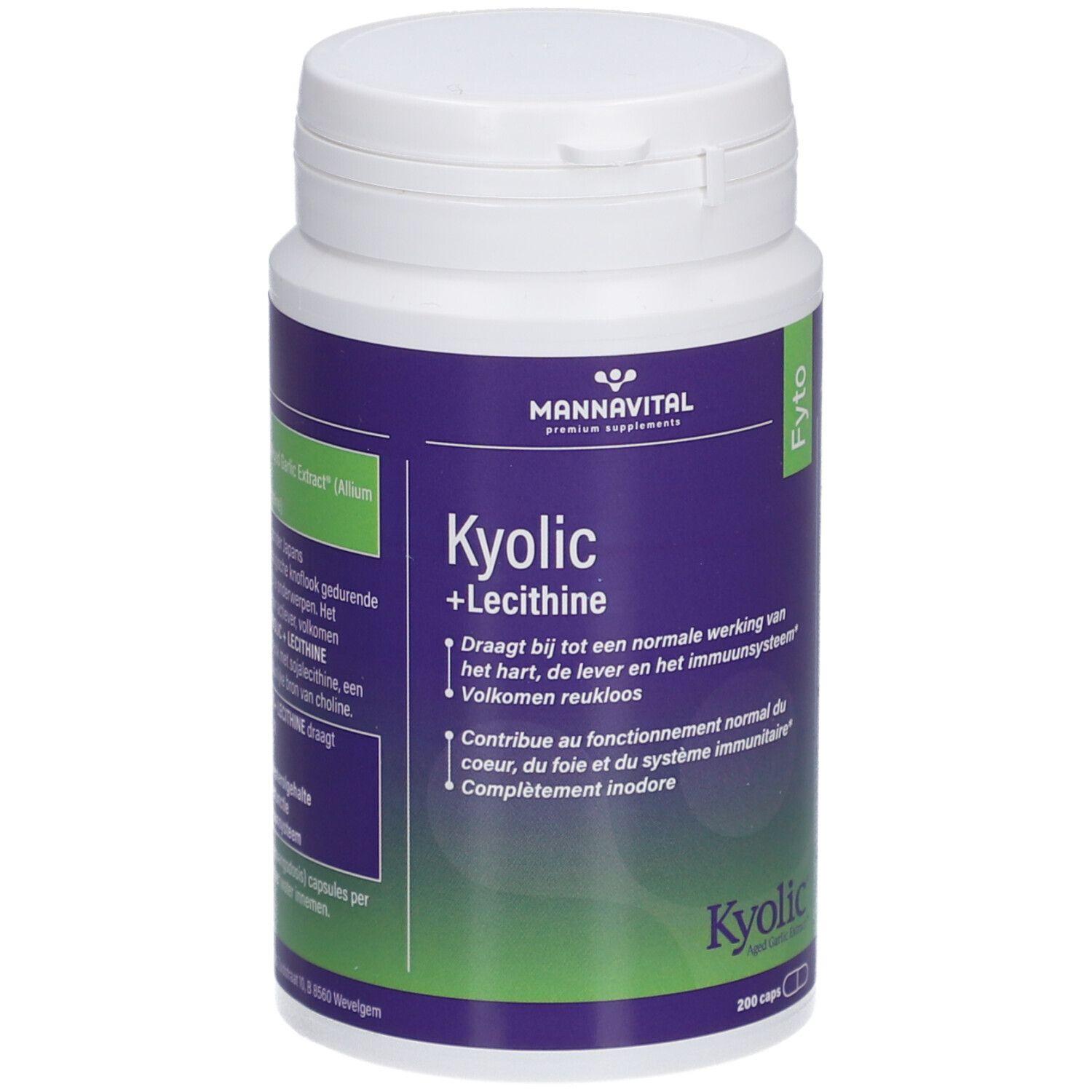 Flacon blanc avec étiquette violette. Inscription: Mannavital Kyolic + Lecithine. 200 capsules.
