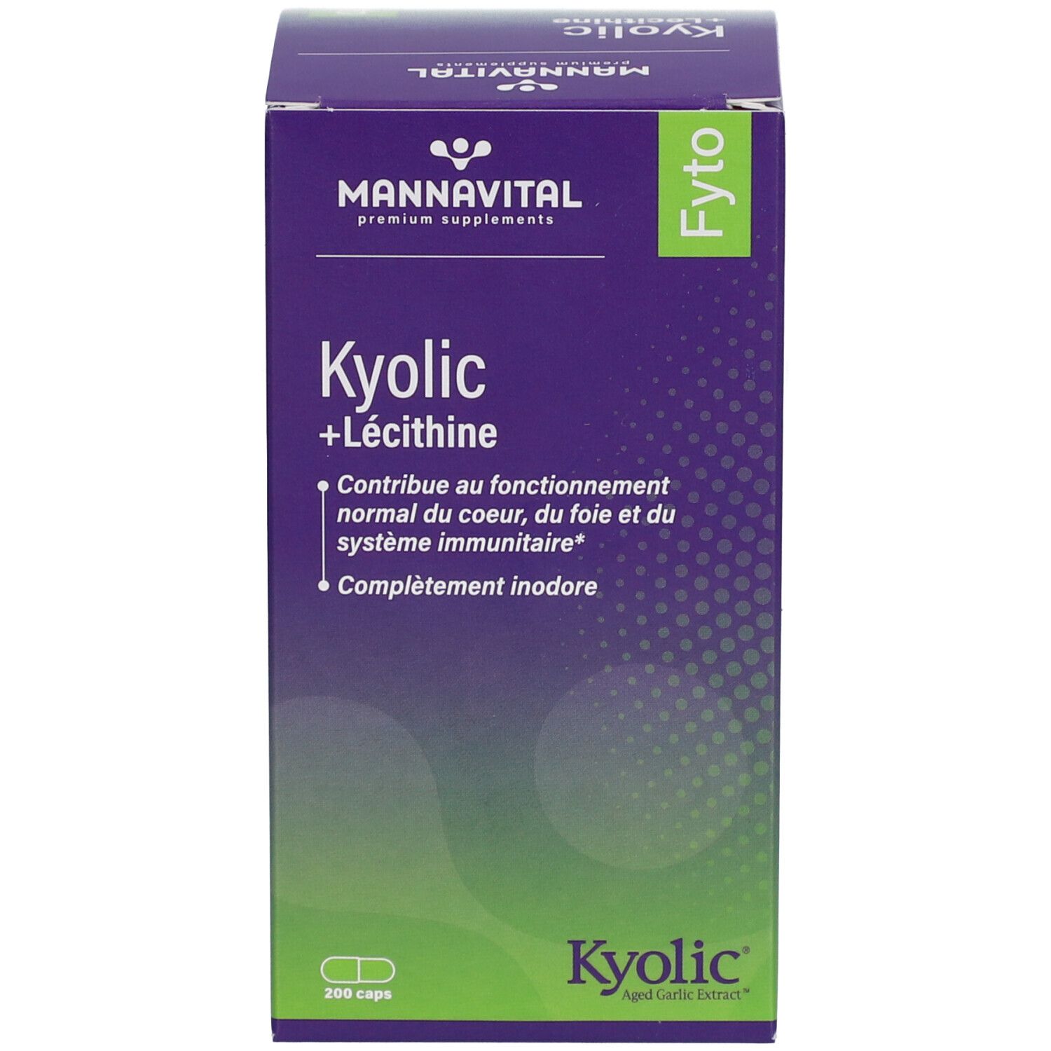 Emballage du produit, boîte. Inscription: Mannavital Kyolic + Lecithine. 200 capsules.