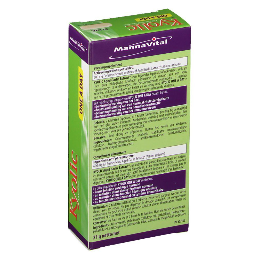 Dos de la boîte verte avec informations produit. Texte: Kyolic, Mannavital, ingrédients, instructions.