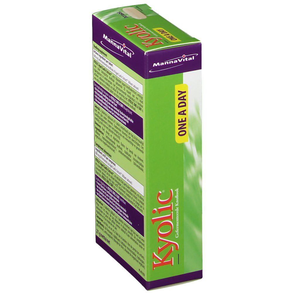 Vue latérale de la boîte verte avec informations produit. Texte: Kyolic, Mannavital.