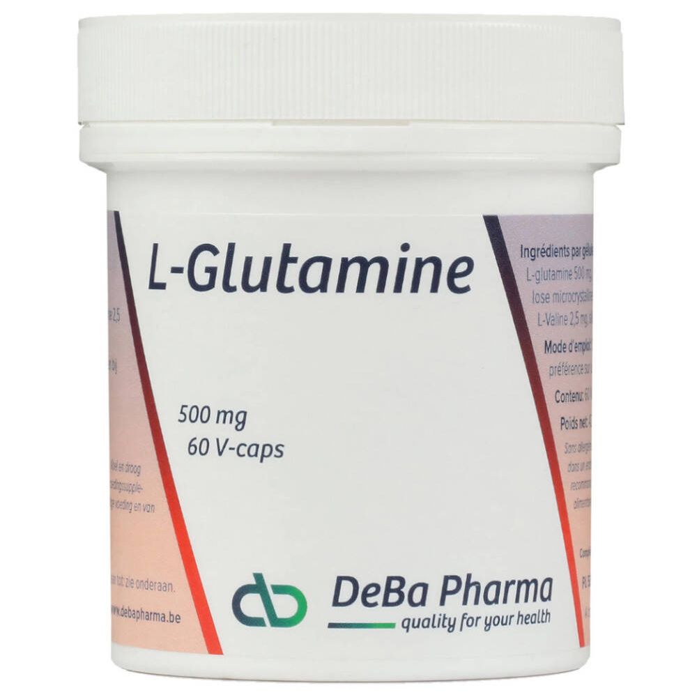 Witte pot met deksel. Opschrift: L-Glutamine 500 mg, 60 V-caps. Logo DeBa Pharma.