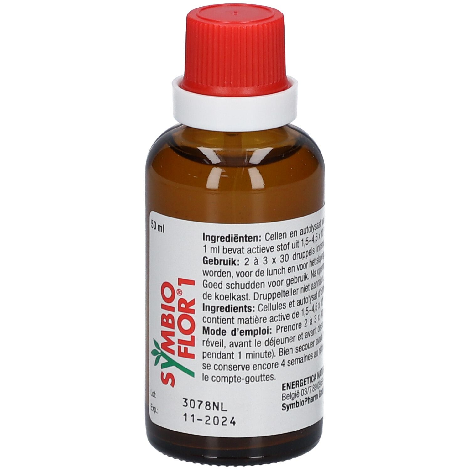 Bruine glazen fles met rode dop. Etiket met productnaam Symbioflor 1 en informatie. 50 ml.