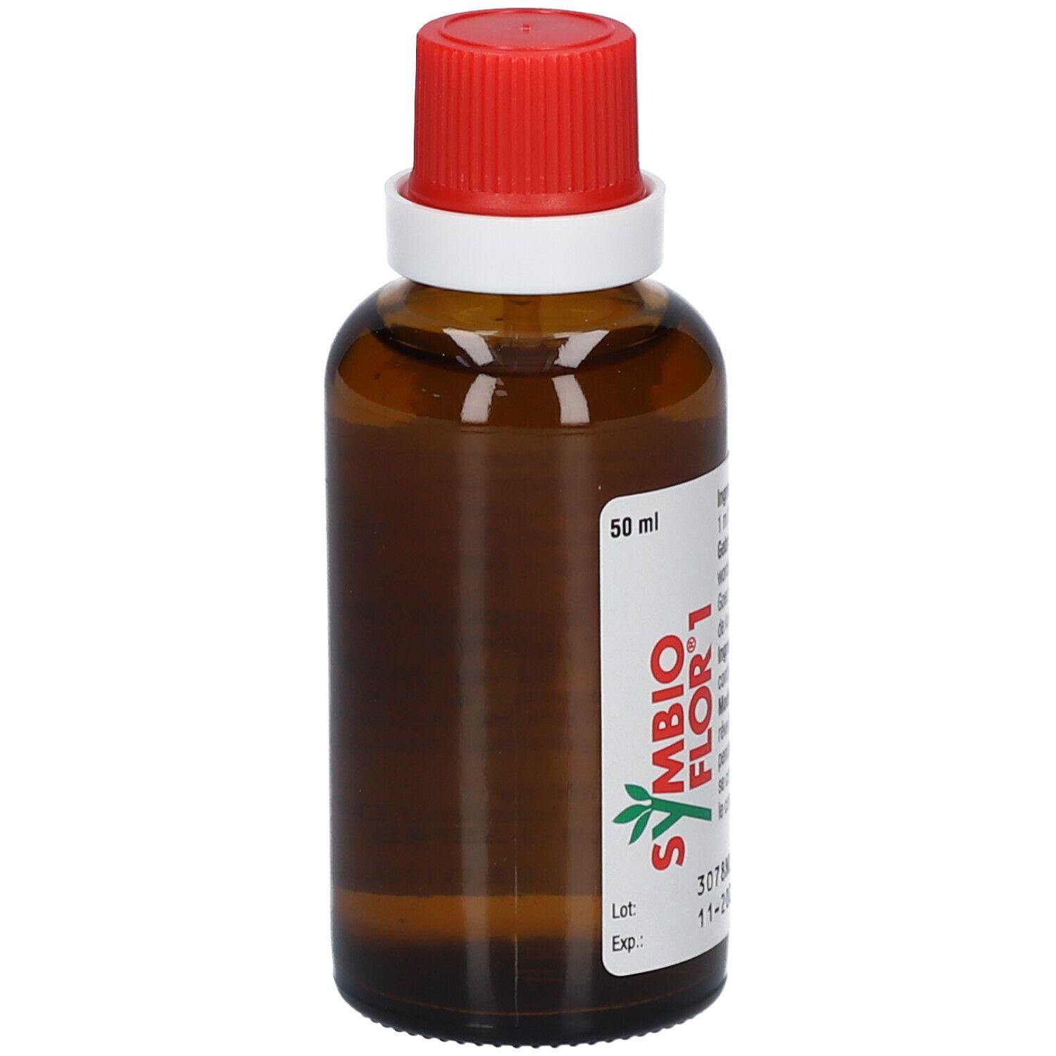 Bruine glazen fles met rode dop. Etiket met productnaam Symbioflor 1 en lotnummer. 50 ml.