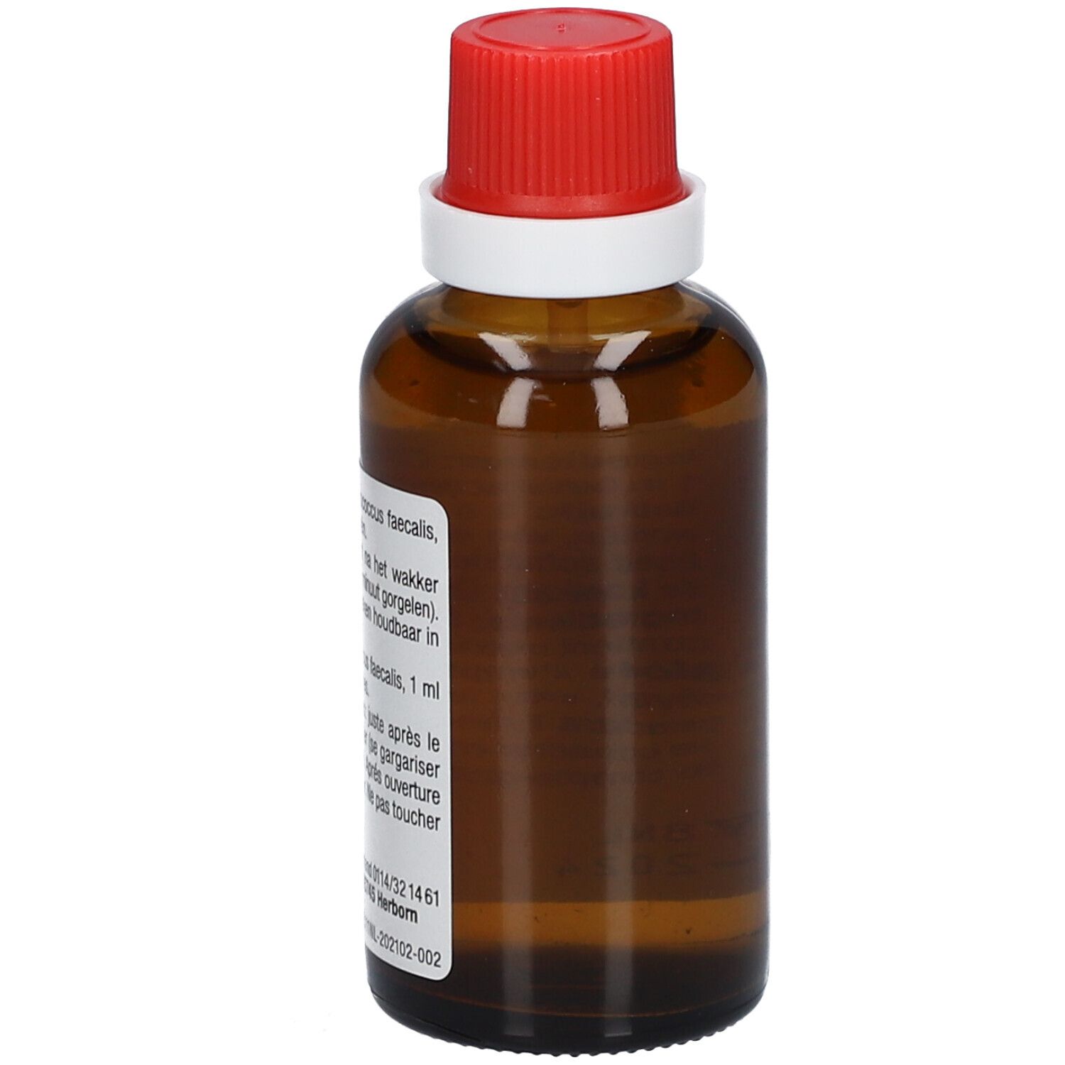 Bruine glazen fles met rode dop. Achterkant met tekstinformatie. 50 ml.