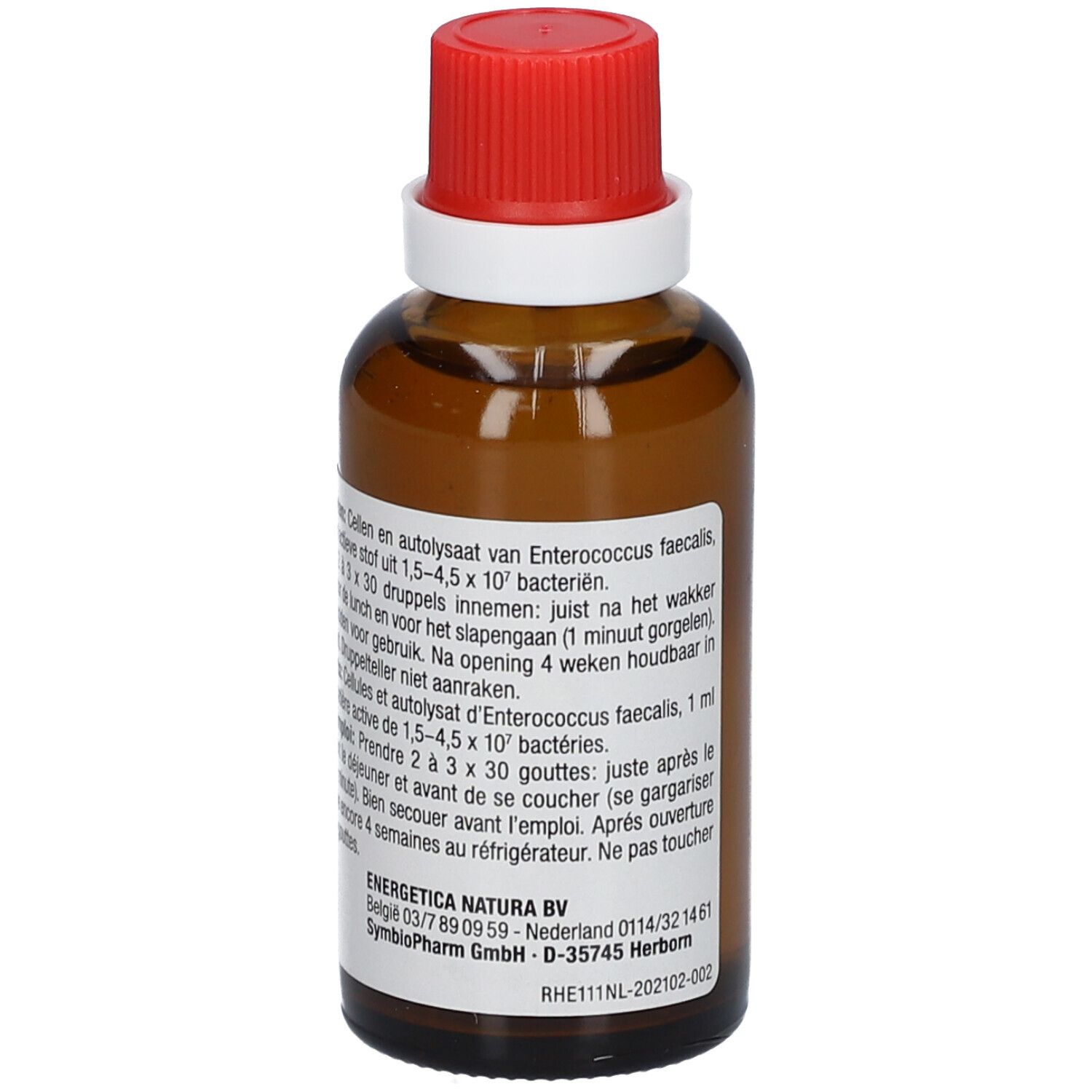 Bruine glazen fles met rode dop. Etiket met productinformatie. 50 ml.