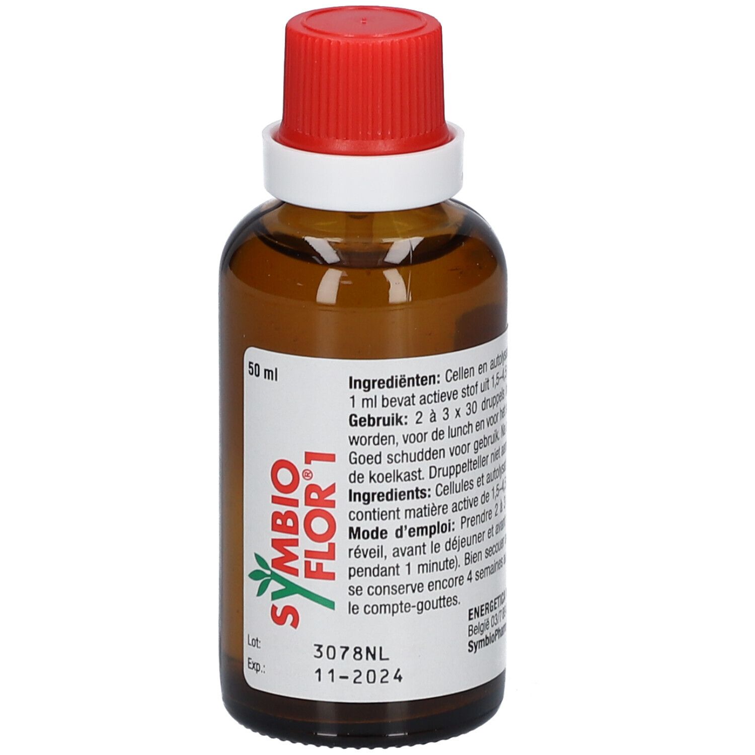 Bruine glazen fles met rode dop. Etiket met productnaam Symbioflor 1 en informatie. 50 ml.