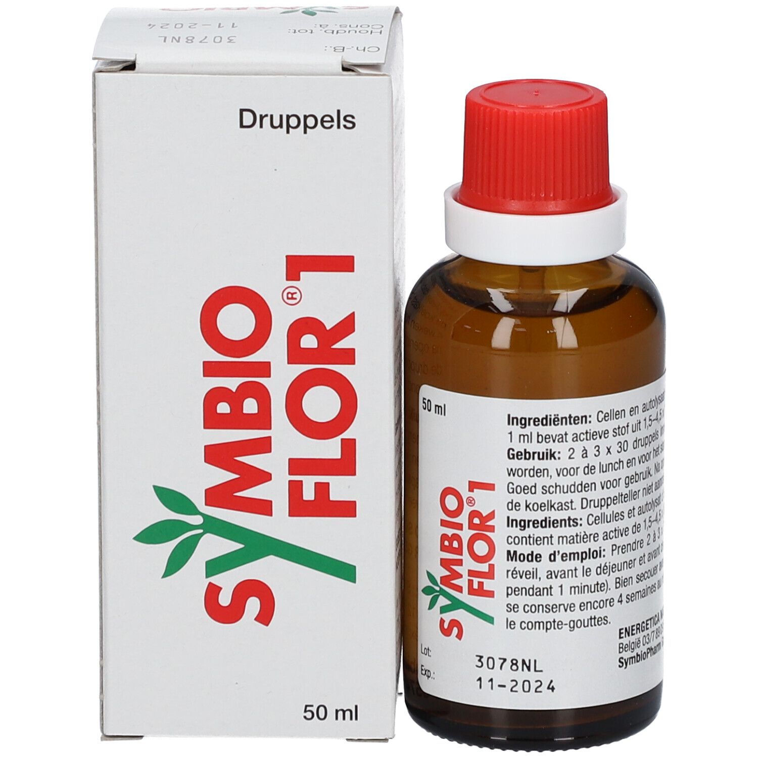 Product Symbioflor 1 en verpakking. Bruine fles met rode dop en witte doos. 50 ml.
