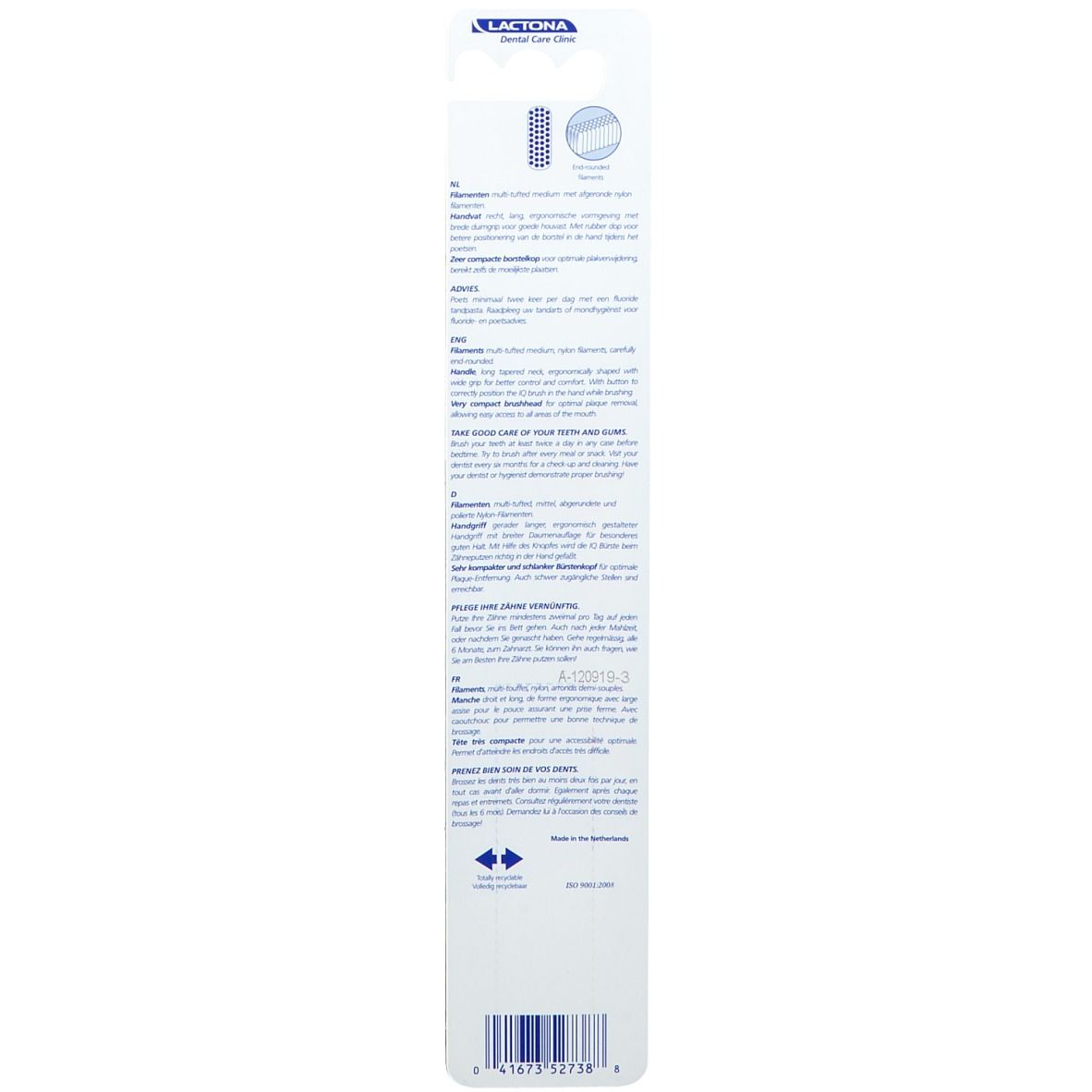 Rückseite der Blisterverpackung der Zahnbürste Lactona iQ+ Medium. Text in mehreren Sprachen, Produktinformationen.