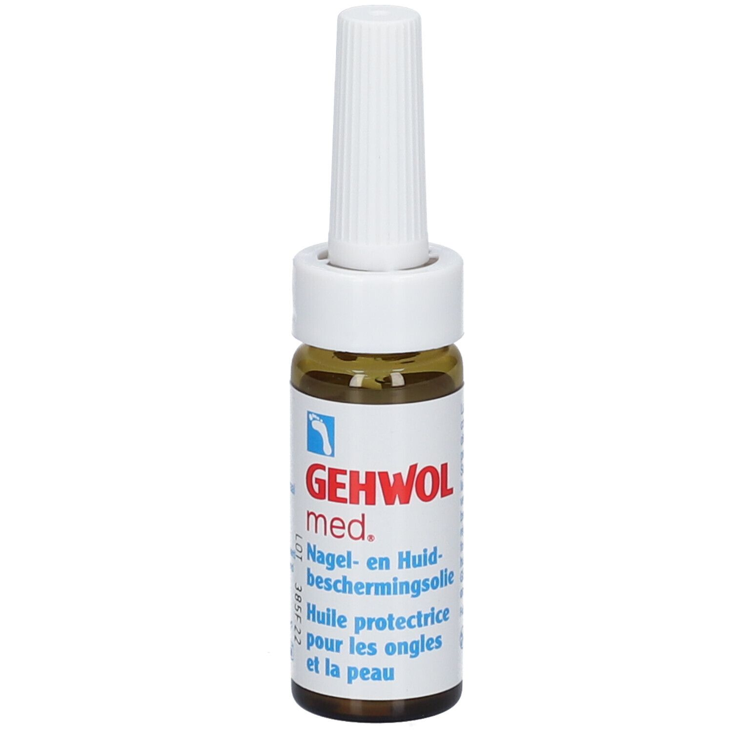 Bruine glazen fles met witte applicator. Opschrift: GEHWOL med. Nagel- en Huidsbeschermingsolie. Olie voor nagels en huid.