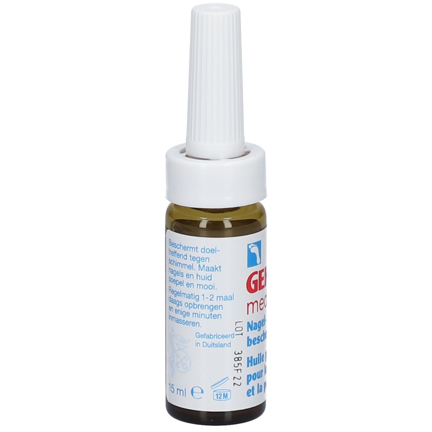 Bruine glazen fles met witte applicator. Opschrift: GEHWOL med. Tekst in het Nederlands.